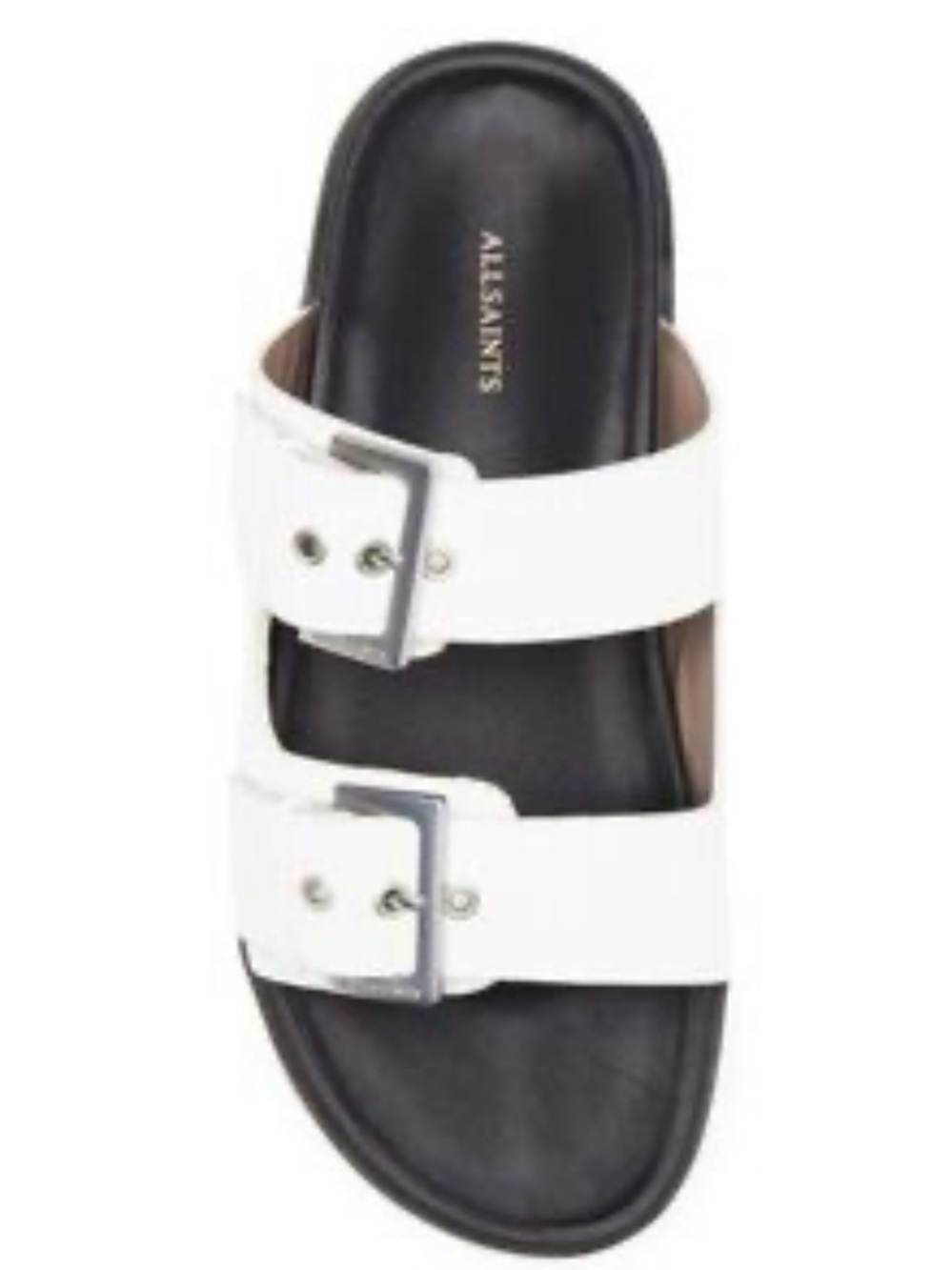 All Saints White Double-Buckle Slide Sandal with Black Footbed